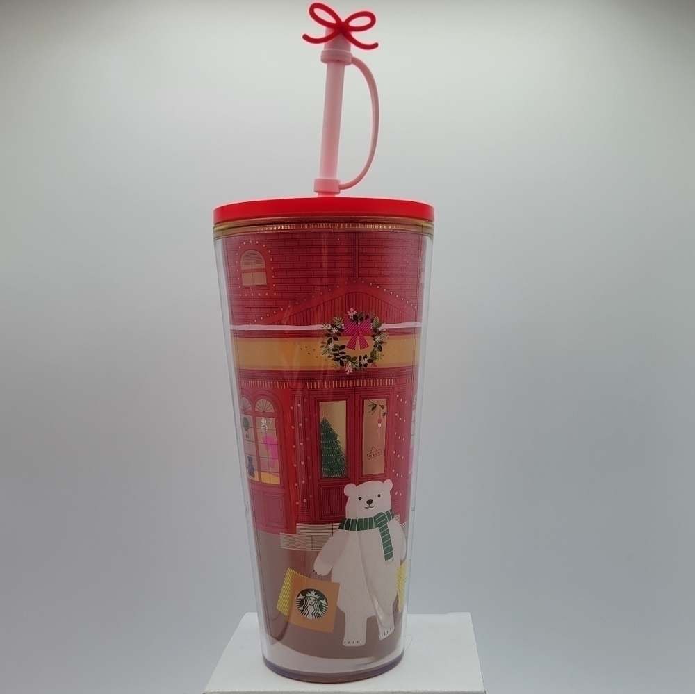 Starbucks Christmas Shopping Bear Cold Cup tumbler With Straw Topper - Picture 10 of 10